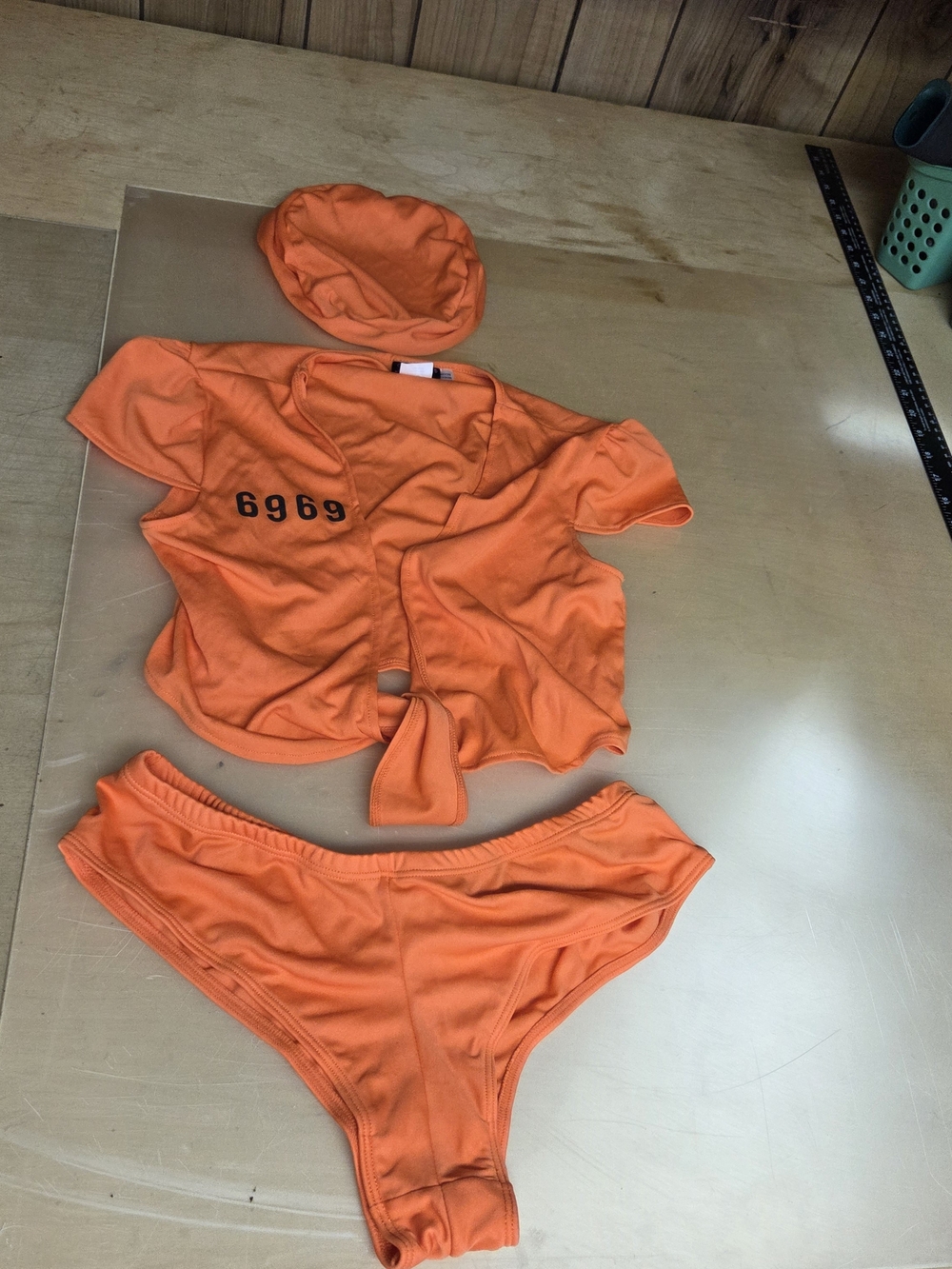 Dreamgirl Orange Prisoner Costume 3 Piece Tie Front Top Bottoms Hat #0433